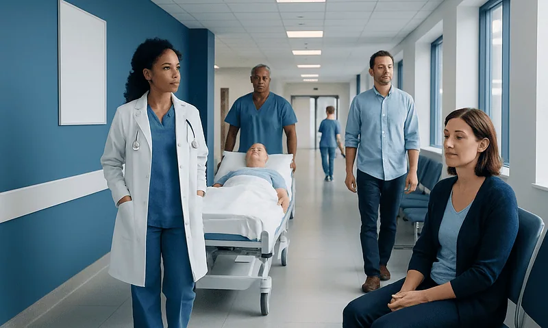 Hospital staff and patient in a medical corridor at Acibadem Hospitals Group.