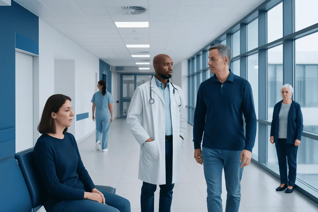 Tuberculosis: Persistent Cough, Testing, and Treatment Duration 1 Medical team discussing patient care in hospital corridor.
