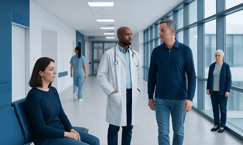 Medical team discussing patient care in hospital corridor.