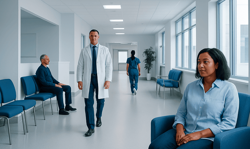 Medical staff and patients in a hospital corridor with large windows.