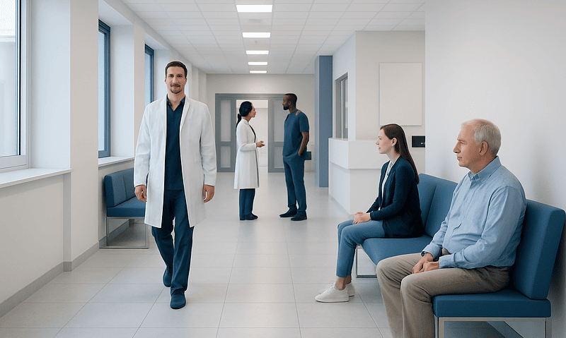 Medical professionals and patients in a hospital corridor.