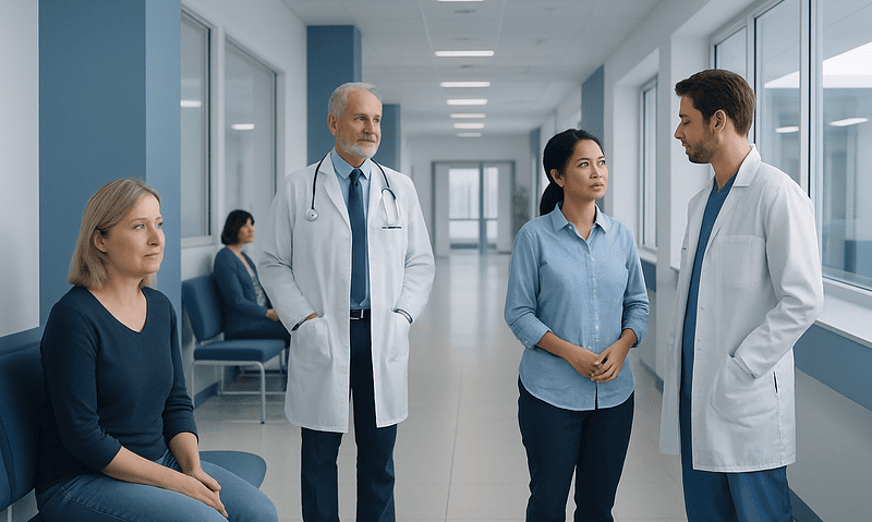 Medical team discussing patient care in hospital corridor.