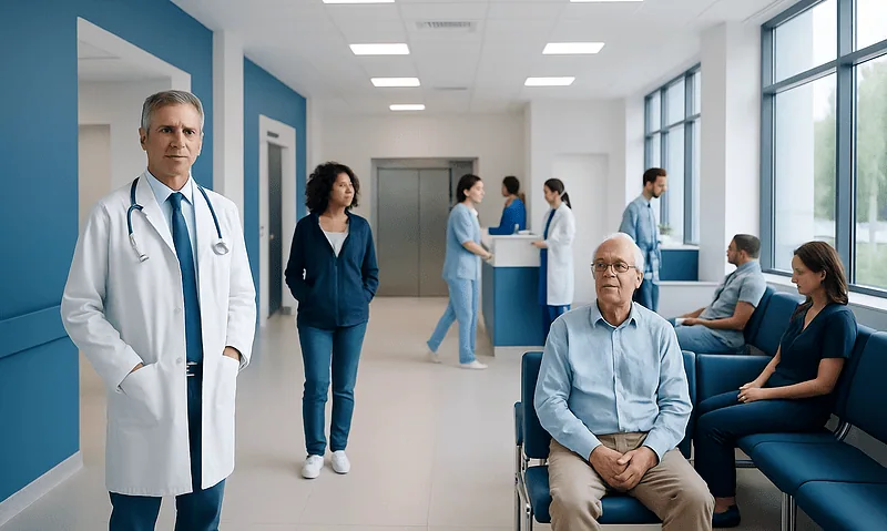 Medical professionals and patients in a hospital waiting area.