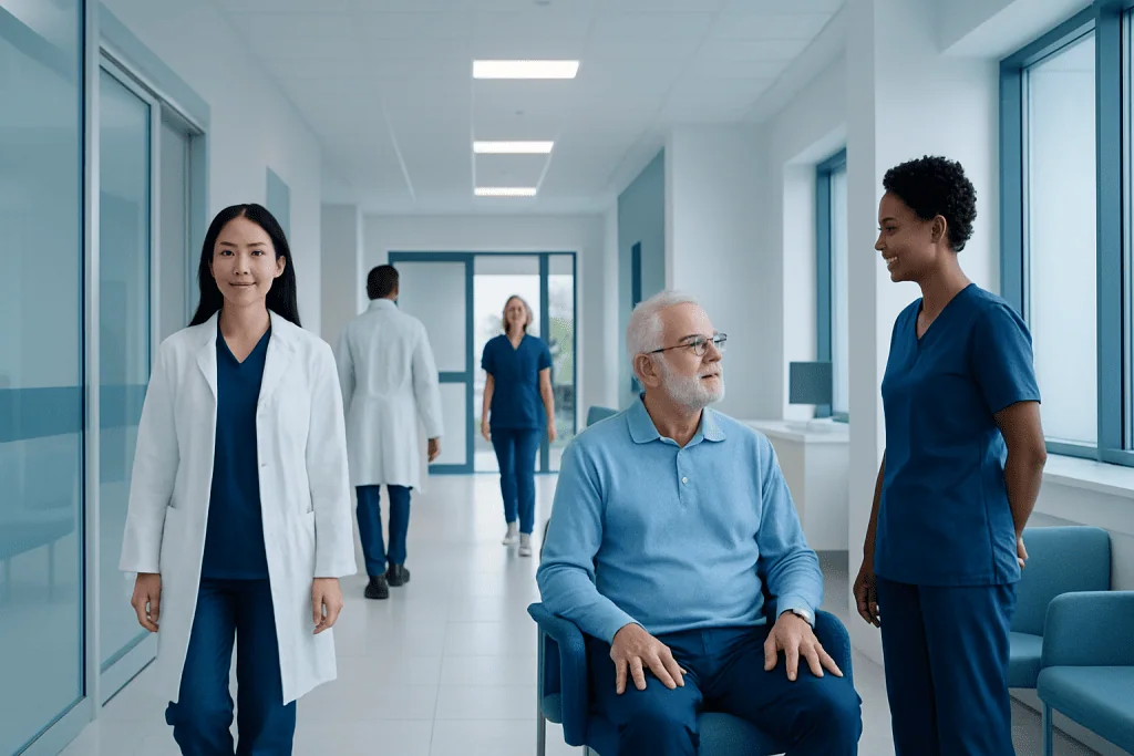 Acute Kidney Injury: Causes, Warning Signs, and Hospital Treatment 1 Hospital staff and patient in a modern healthcare facility corridor.