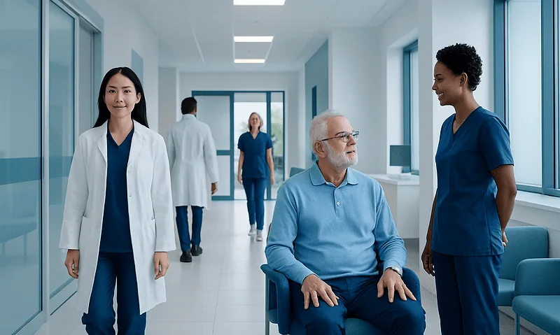 Hospital staff and patient in a modern healthcare facility corridor.