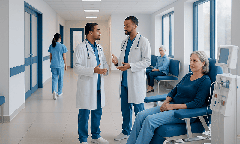 Doctors discussing dialysis treatment options in hospital corridor.