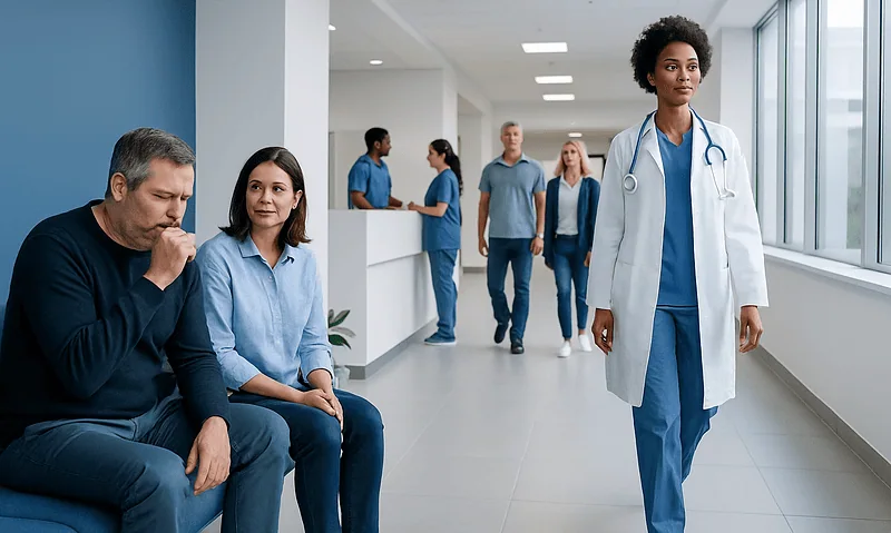 Healthcare professionals and patients in a modern hospital corridor.