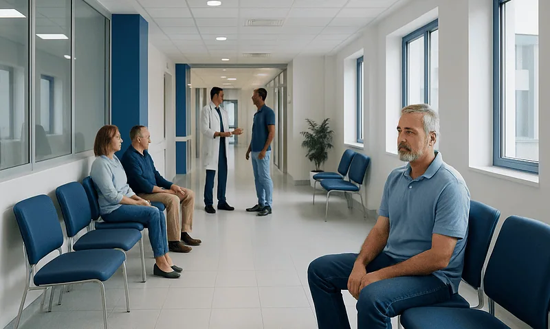 Patients waiting in a modern hospital corridor with doctors consulting.