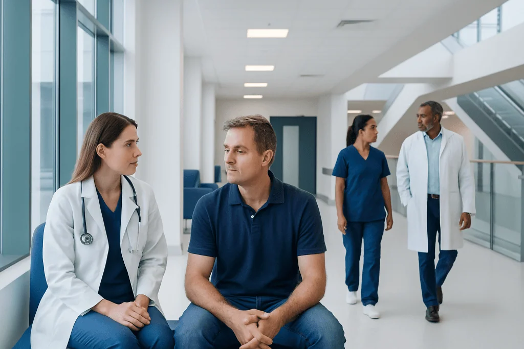 Peyronie’s Disease: Penile Curvature, Pain, and Treatment Choices 1 Medical consultation in a modern hospital with healthcare professionals and patient.