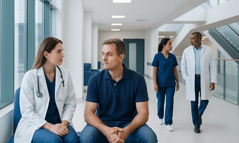Medical consultation in a modern hospital with healthcare professionals and patient.