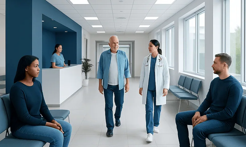 Patients and doctors in a hospital waiting area at Acibadem Hospitals Group.