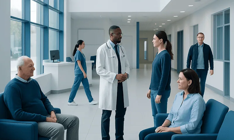 Medical team discussing patient care in hospital corridor.