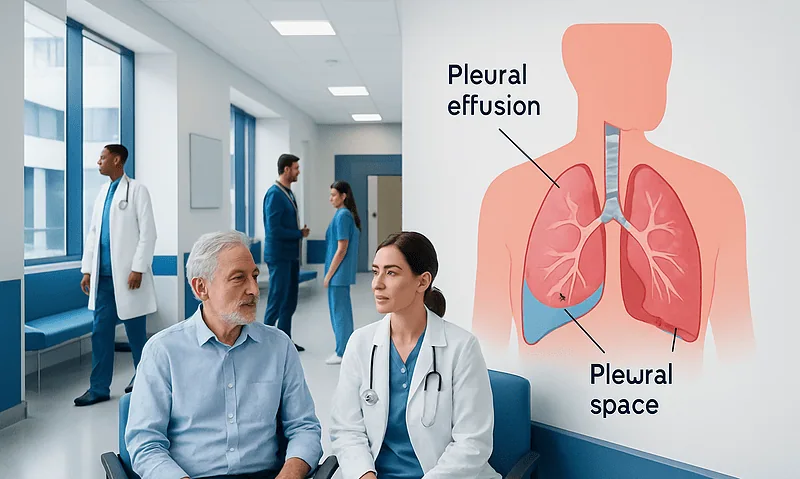 Doctor discussing pleural effusion with patient in hospital corridor.