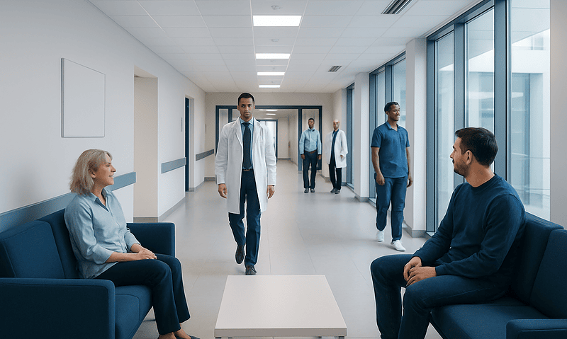 Hospital corridor with doctors and patients in a modern medical facility.