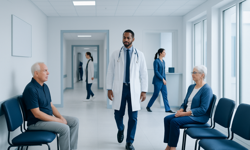 Doctor consulting with elderly patients in hospital waiting area.