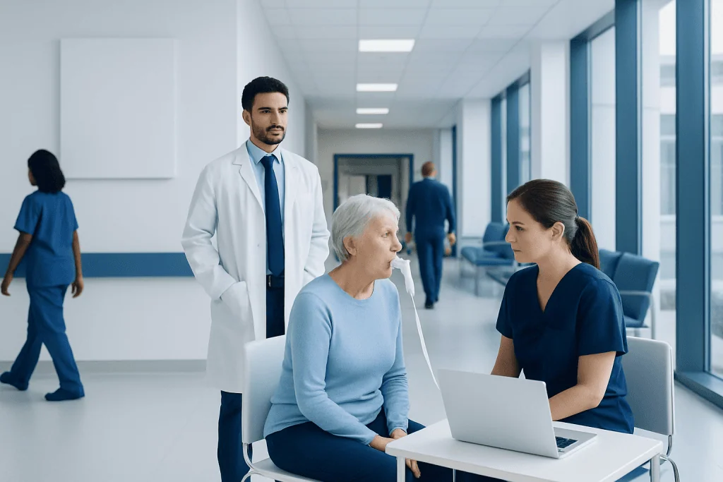 Spirometry Test: Measuring Lung Function and What Results Mean 1 Medical team discussing patient care in a modern hospital corridor.