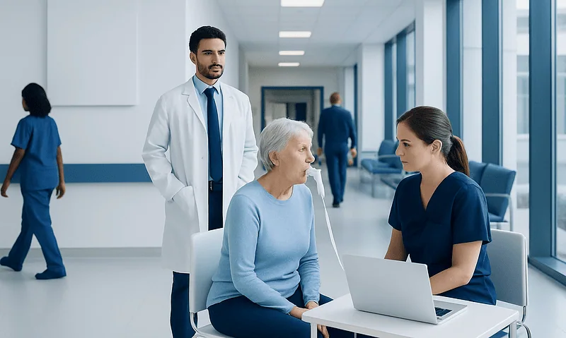 Medical team discussing patient care in a modern hospital corridor.