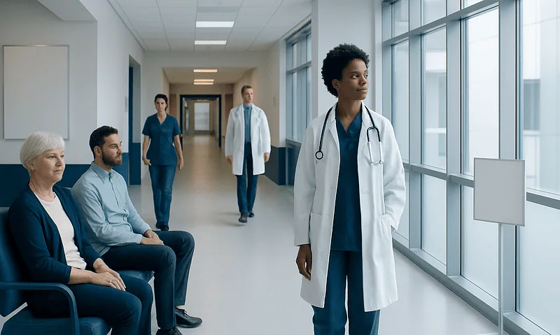 Healthcare professionals and patients in a modern hospital corridor.
