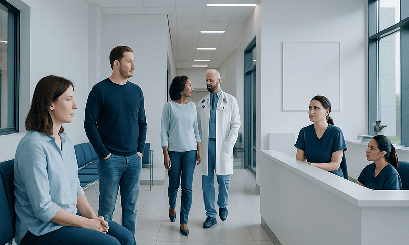 Crohn’s Disease: Symptoms, Flares, and Treatment Options 10 Patients and doctors in a hospital corridor during consultation.
