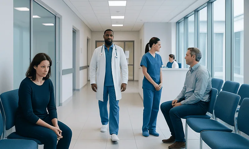 Patients waiting and medical staff in a hospital corridor.