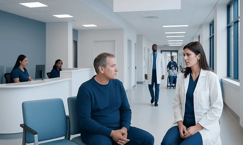 Ulcerative Colitis: Bloody Diarrhea, Diagnosis, and Long-Term Care 9 Doctor consulting male patient in hospital corridor.