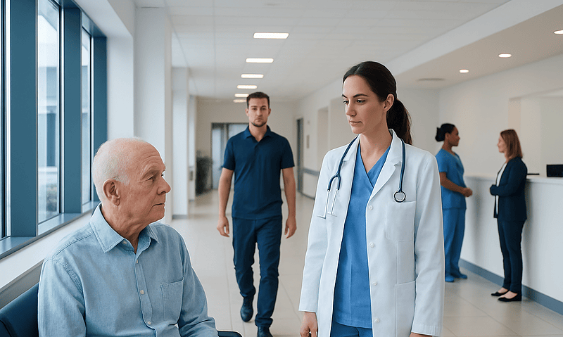 Doctor consulting elderly patient in hospital corridor.