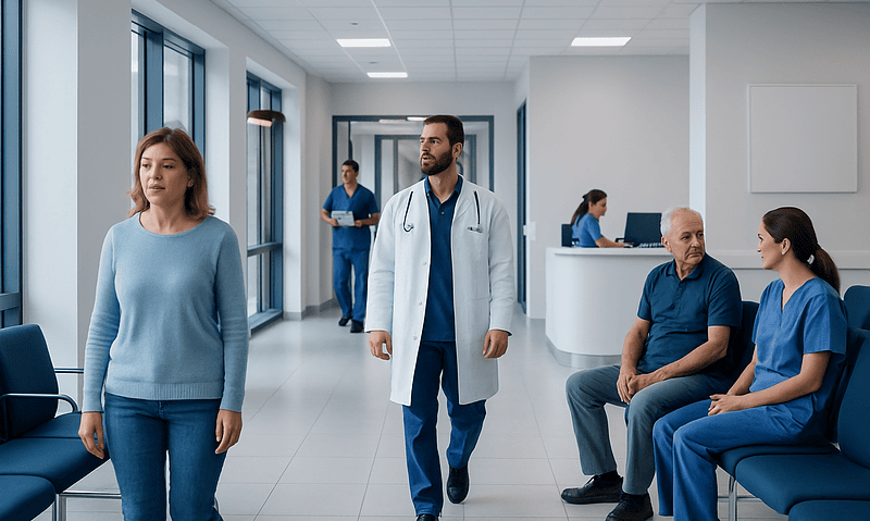Diverticulitis: Lower Abdominal Pain, CT Diagnosis, and Treatment 8 Hospital corridor with patients and medical staff in blue scrubs and white coat.