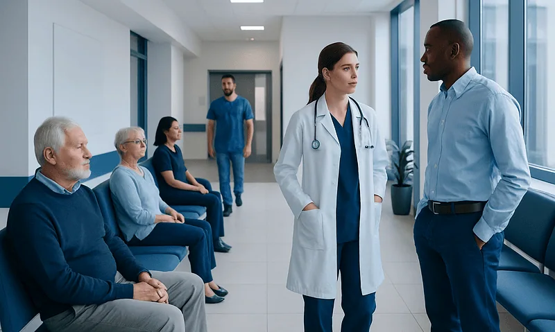 Doctor consulting with patient in hospital corridor with elderly patients nearby.