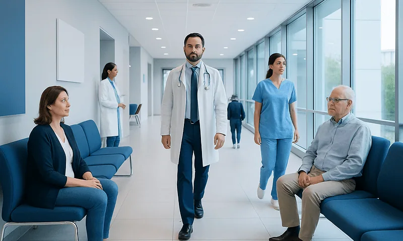 Peptic Ulcer Disease: Stomach Pain, H. pylori Testing, and Treatment 7 Medical team consulting with patients in a modern hospital corridor.
