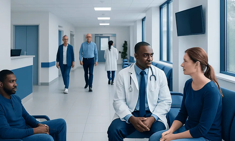 Medical consultation in a modern hospital corridor with diverse healthcare professionals.