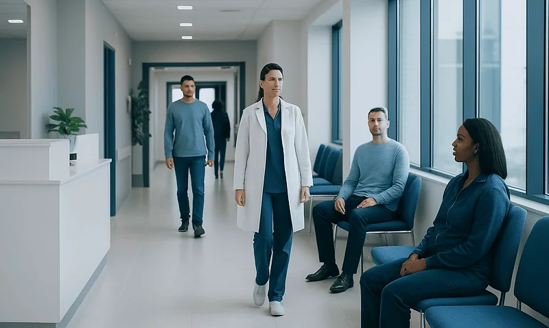 Acute Pancreatitis: Severe Upper Abdominal Pain and Hospital Care 6 Medical staff and patients in a hospital corridor with large windows.