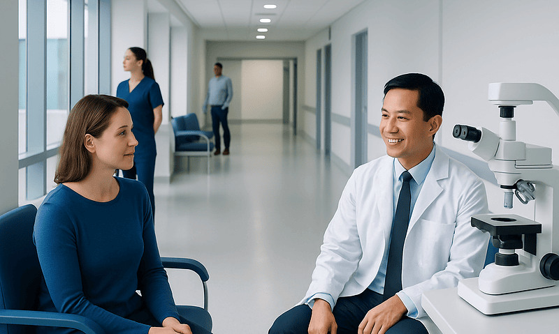 Doctor consulting with a patient in a modern hospital corridor.
