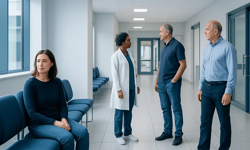 Chronic Constipation: Causes, Red Flags, and Treatment Choices 5 Doctor consulting with two male patients in hospital corridor.