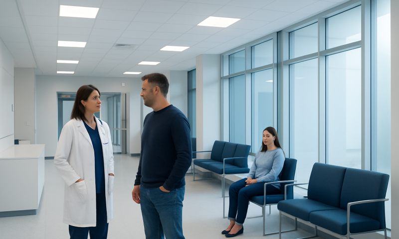 Doctor talking to patient in hospital corridor with waiting area.