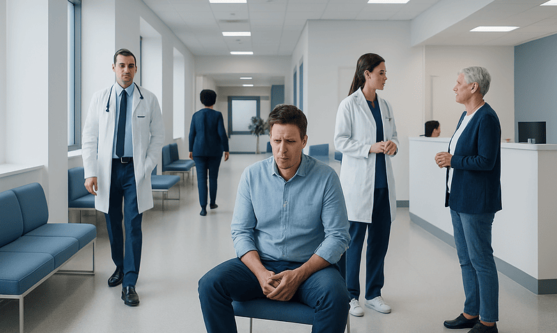 Hemorrhoids: Rectal Bleeding, Pain, and Treatment Options 4 Patient in hospital corridor with medical staff and visitors.