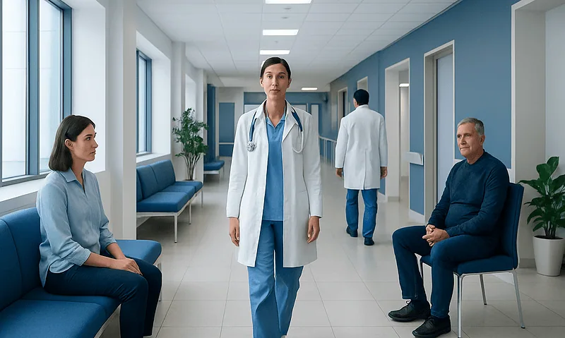 Medical professionals and patient in a hospital corridor at Acibadem Hospitals Group.