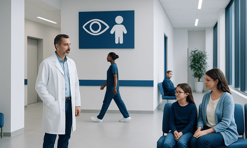 Pediatric eye exam at Acibadem Hospital with doctor and young patient.
