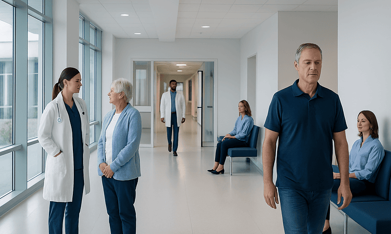 Cirrhosis: Liver Scarring, Early Signs, and Complication Monitoring 2 Hospital corridor with doctors and patients in a modern healthcare facility.