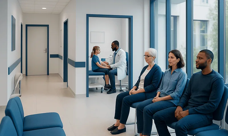 Patients waiting in a hospital corridor for eye consultation or treatment.