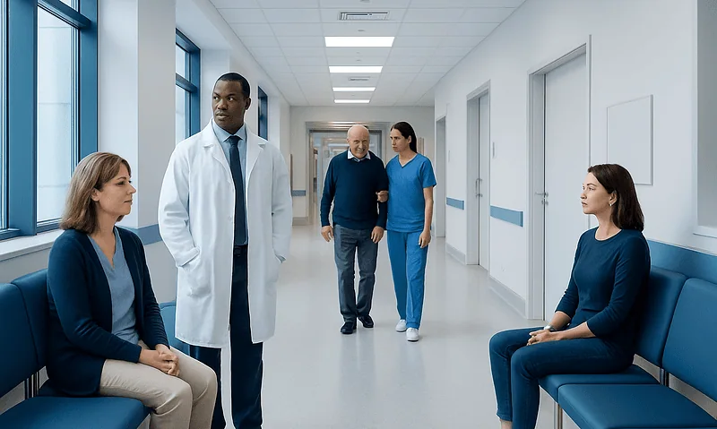Difficulty Swallowing: Causes, Endoscopy, and When to Seek Care 1 Medical consultation in hospital corridor with patients and healthcare professionals.