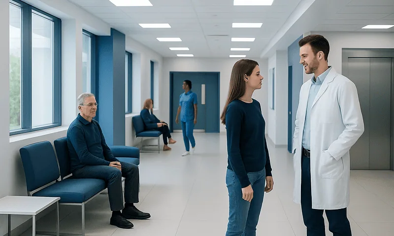 Doctor consulting with a young patient in a modern hospital corridor.