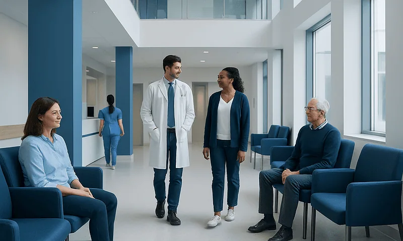 Medical team consulting in a modern hospital lobby with patients.