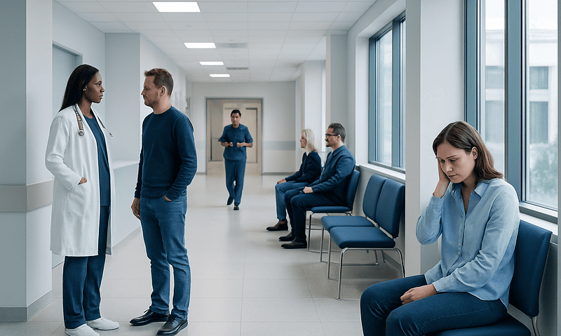 Patient experiencing anxiety in hospital corridor with medical staff nearby.