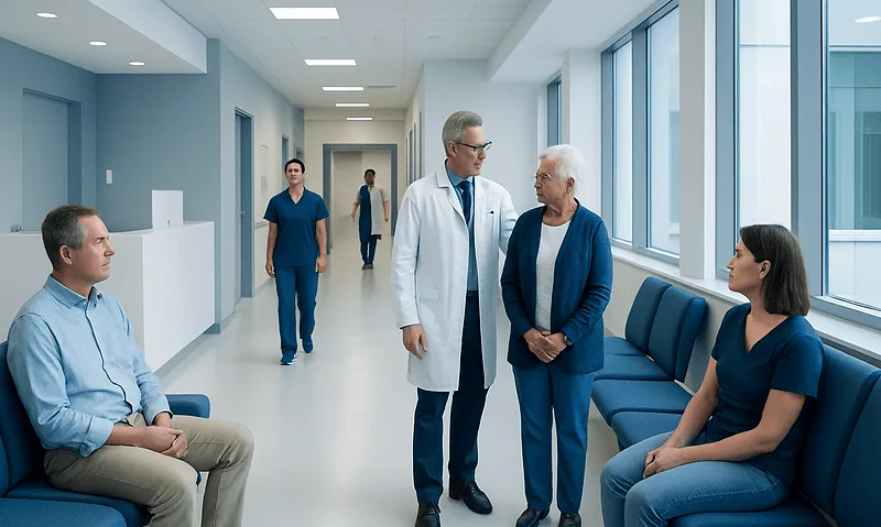 Medical consultation in a modern hospital corridor with doctors and patients.