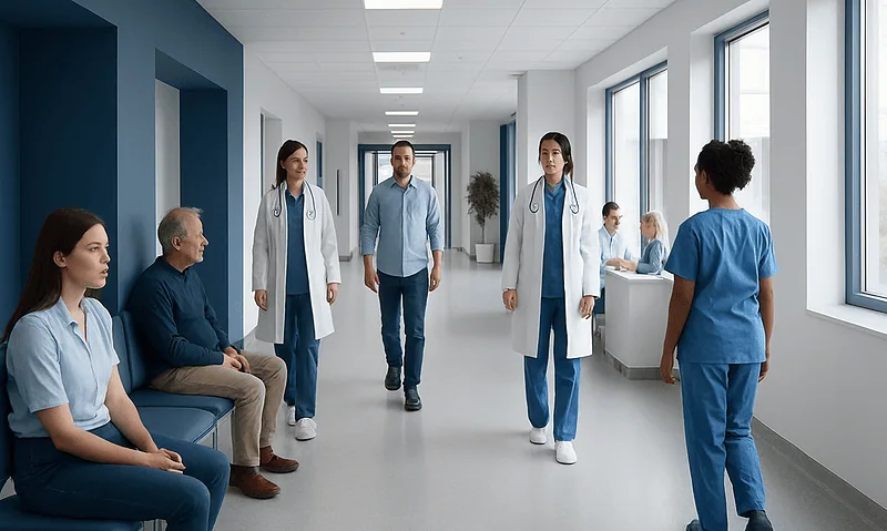 Medical team and patients in a hospital corridor at Acibadem Hospitals Group.