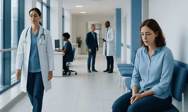 Patient experiencing anxiety in hospital corridor at Acibadem Hospitals Group.