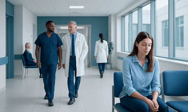 Young woman waiting alone in hospital corridor with medical staff nearby.