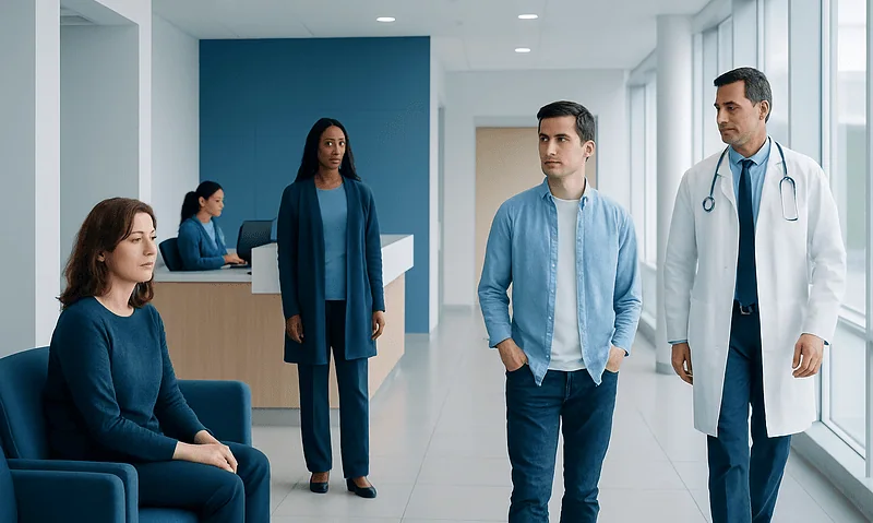 Medical consultation in a modern hospital corridor with healthcare professionals and patient.