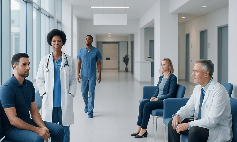 Medical consultation in hospital corridor with diverse healthcare professionals and patients.