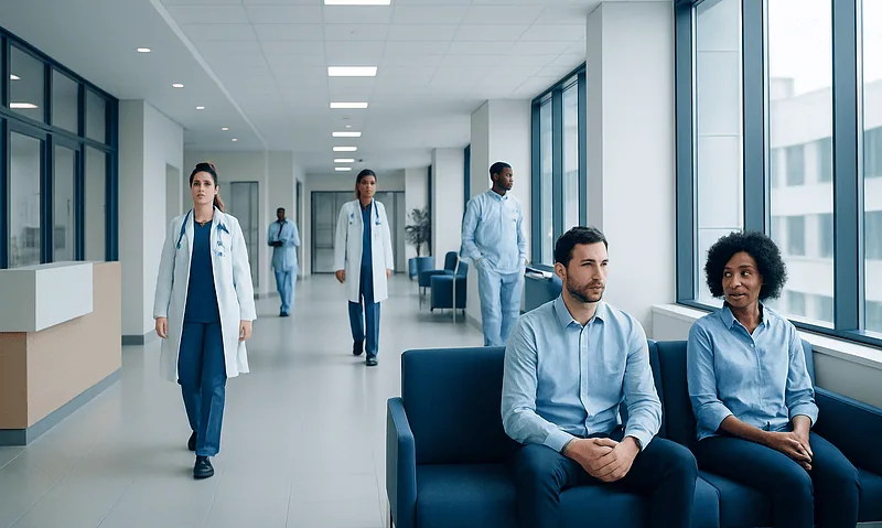 Medical team in hospital corridor with patients waiting and staff walking.